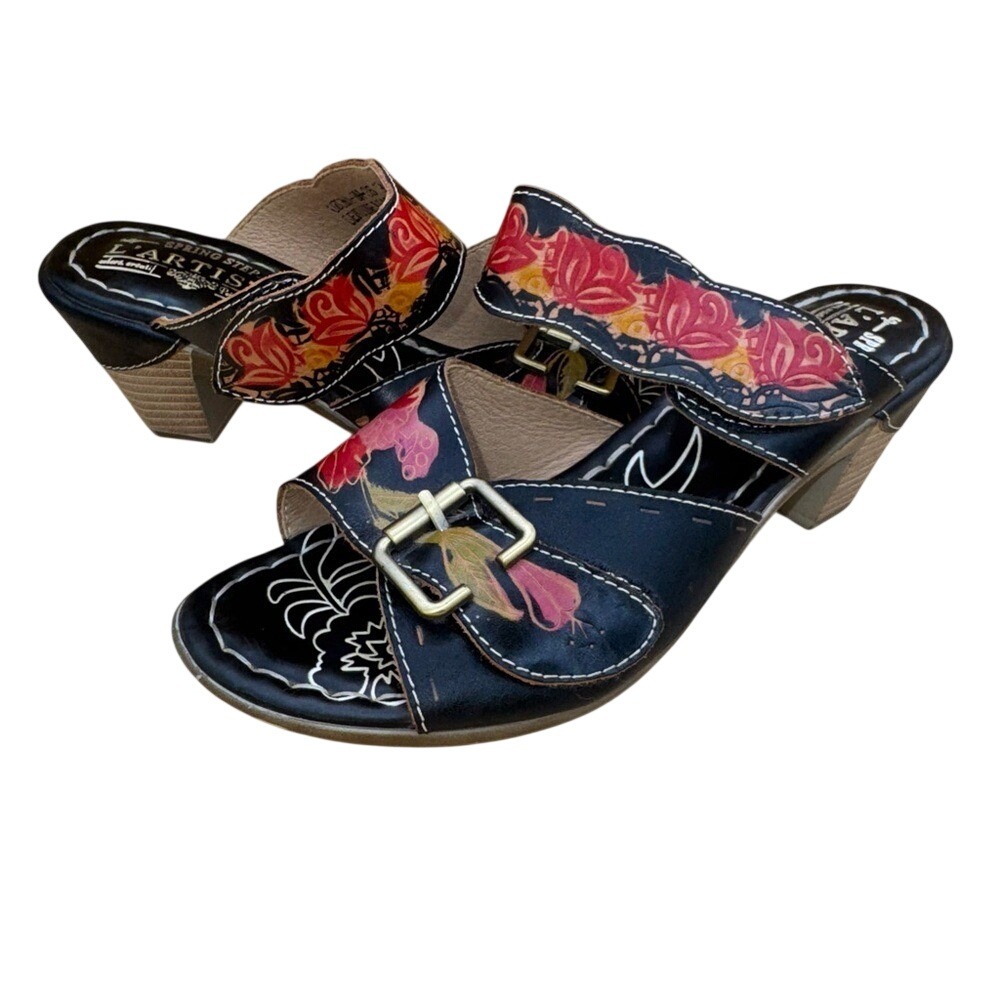 L'Artiste Spring Step Osuna Floral Leather Women's Sandal Heels, Women's 5.5 EUC
